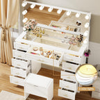 VOWNER Vanity with Lighted Mirror - Glass Top Makeup Vanity Desk w/Bluetooth Speaker, 14 Lights and 11 Drawers, 3 Color Lighting Modes Adjustable Brightness, Makeup Desk with Outlet for Bedroom, White