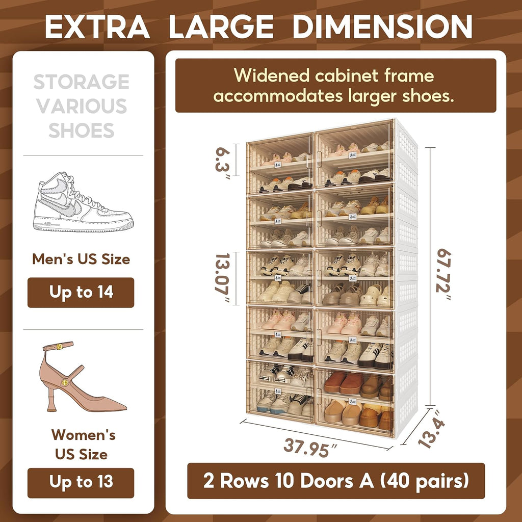 ANTBOX Foldable Shoe Rack Cabinet with Clear Doors, Extra Large Shoe Organizer for Entryway & Closet, Portable Dust-Free Storage Shelf Holds 40 Pairs (X-Large 40 Pairs)