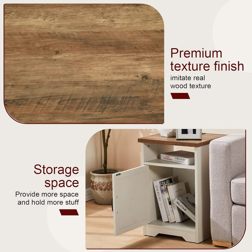 AMERLIFE 4-Piece Farmhouse Table Set Includes Sliding Barn Door TV Stand, Coffee Table& Two End Tables, Side Table with Charging Station and USB Ports, for Living Room, Distressed White, 66"
