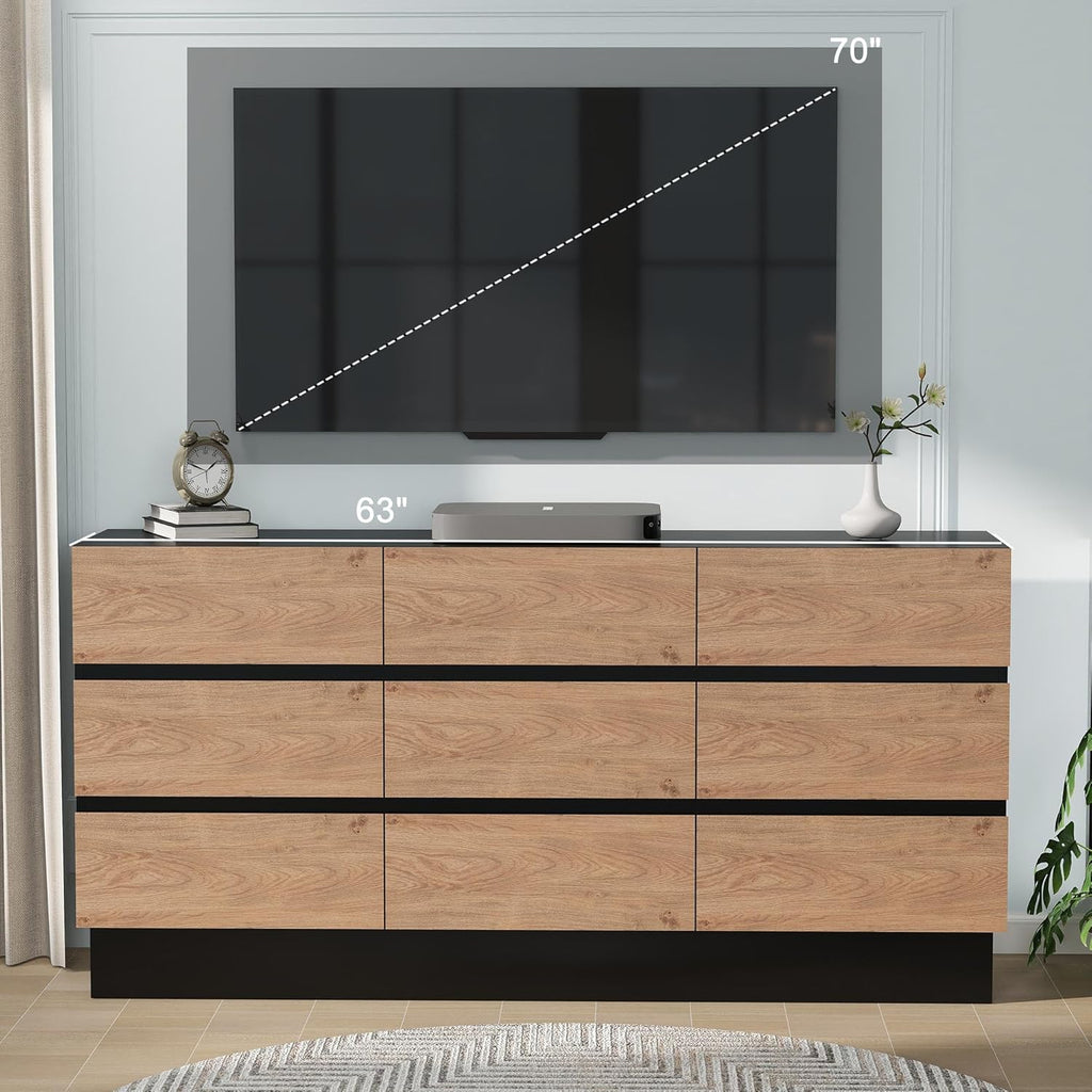 Modern Dresser for Bedroom, Closet Organizers and Storage with 9 Drawers .63''Large Storage Organizer for Living Room, Bedroom, Oak