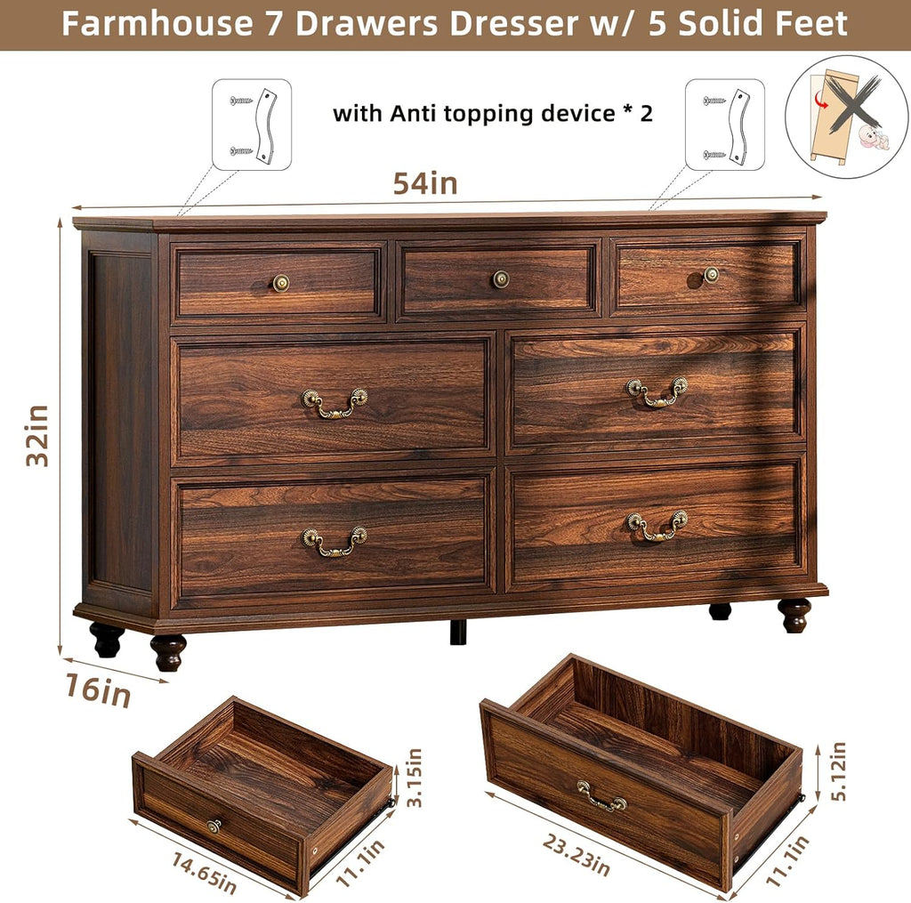 Farmhouse Dresser and Nightstand Set - 3 Piece, 54" Wide Dresser and 24" Nightstands for Bedroom, Living Room, Hallway