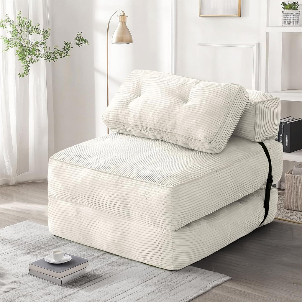 tantohom Folding Sofa Bed, Convertible Sleeper Chair with Pillow Foldable Mattress with Back Support,Space-Saving Sofa for Living Room,Bedroom (White)