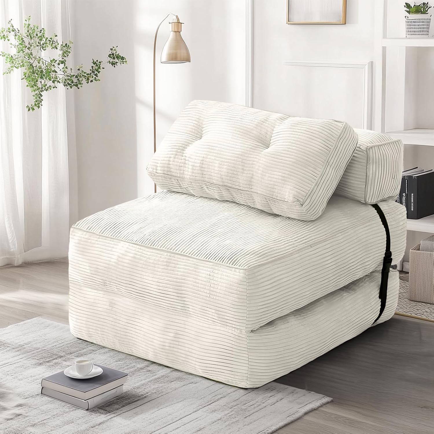 tantohom Folding Sofa Bed, Convertible Sleeper Chair with Pillow Foldable Mattress with Back Support,Space-Saving Sofa for Living Room,Bedroom (White)