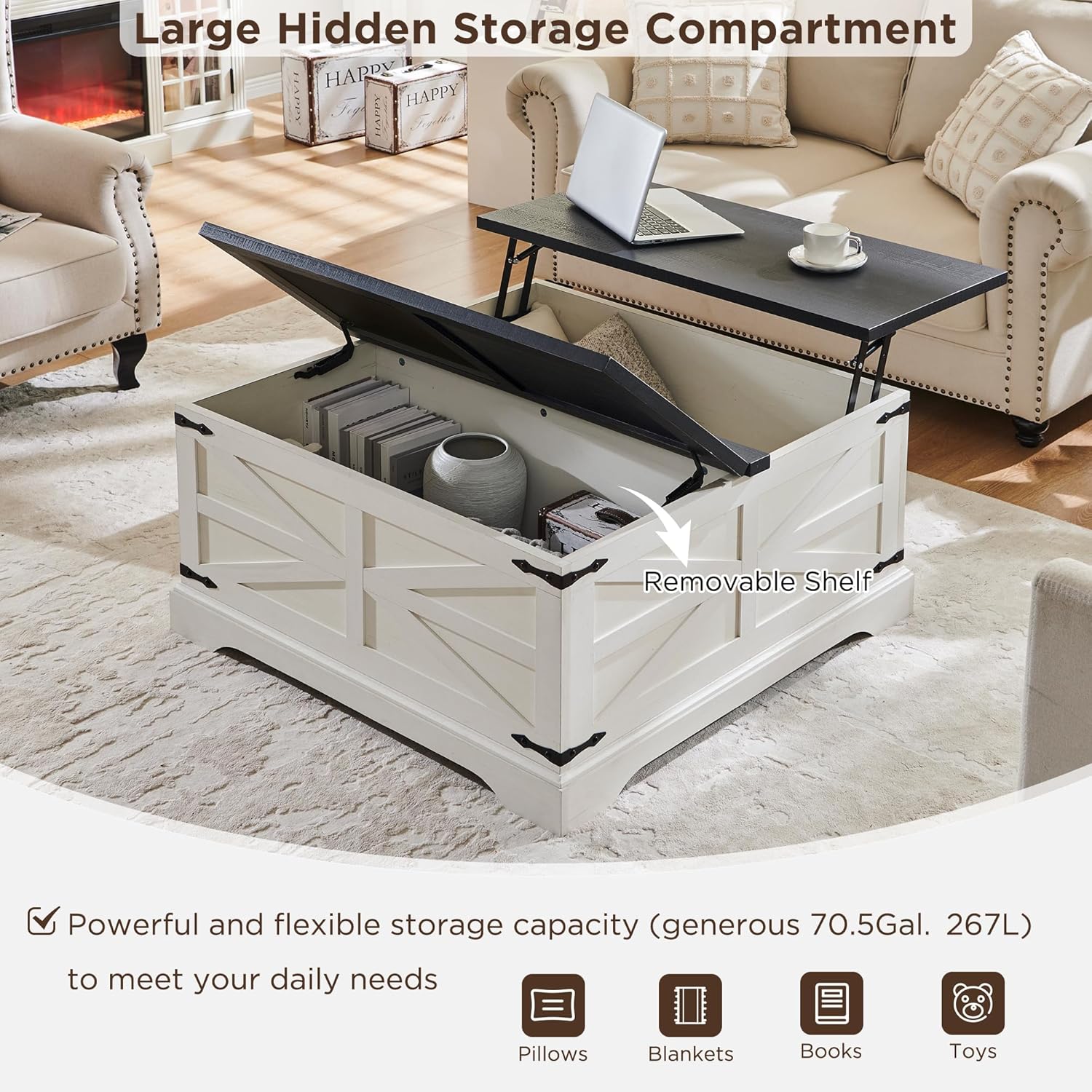 JXQTLINGMU Farmhouse Lift Top Coffee Table with Storage, 36" Wood Square Center Table with Large Hidden Compartment, Rustic Lift Tabletop Dining Table for Home Living Room, White
