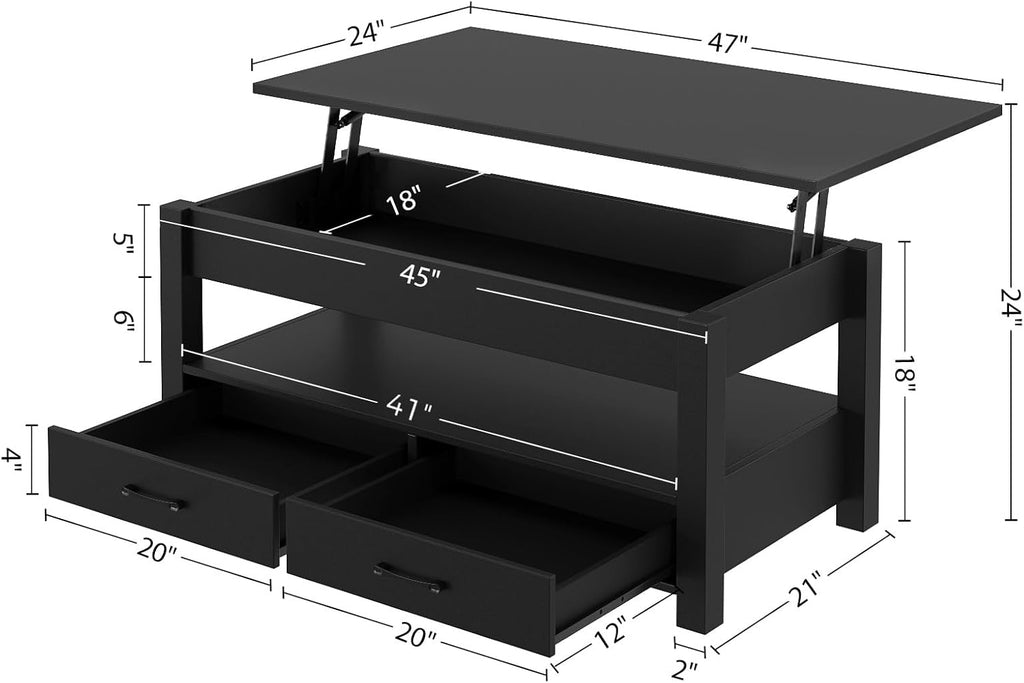 Rolanstar Coffee Table, Lift Top Coffee Table with Drawers and Hidden Compartment, Retro Central Table with Wooden Lift Tabletop, for Living Room, Black