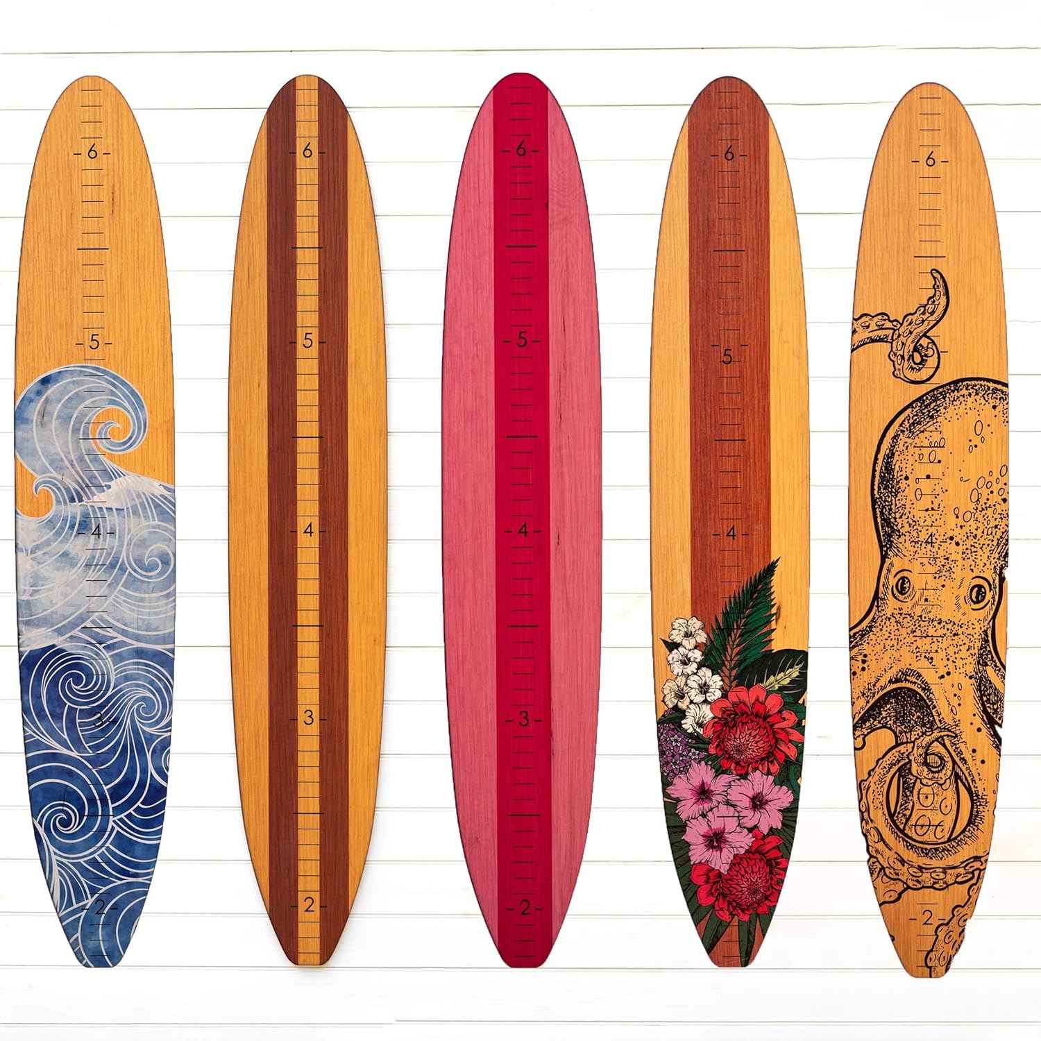 Headwaters Studio Surf Board Growth Chart - Wooden Surfboard Decor Small Surfboard Baby Growth Chart for Wall Grow Chart Baby Wall Growth Chart Baby Measuring Board - White w/Blue Wave - 57"x10"x1/4"