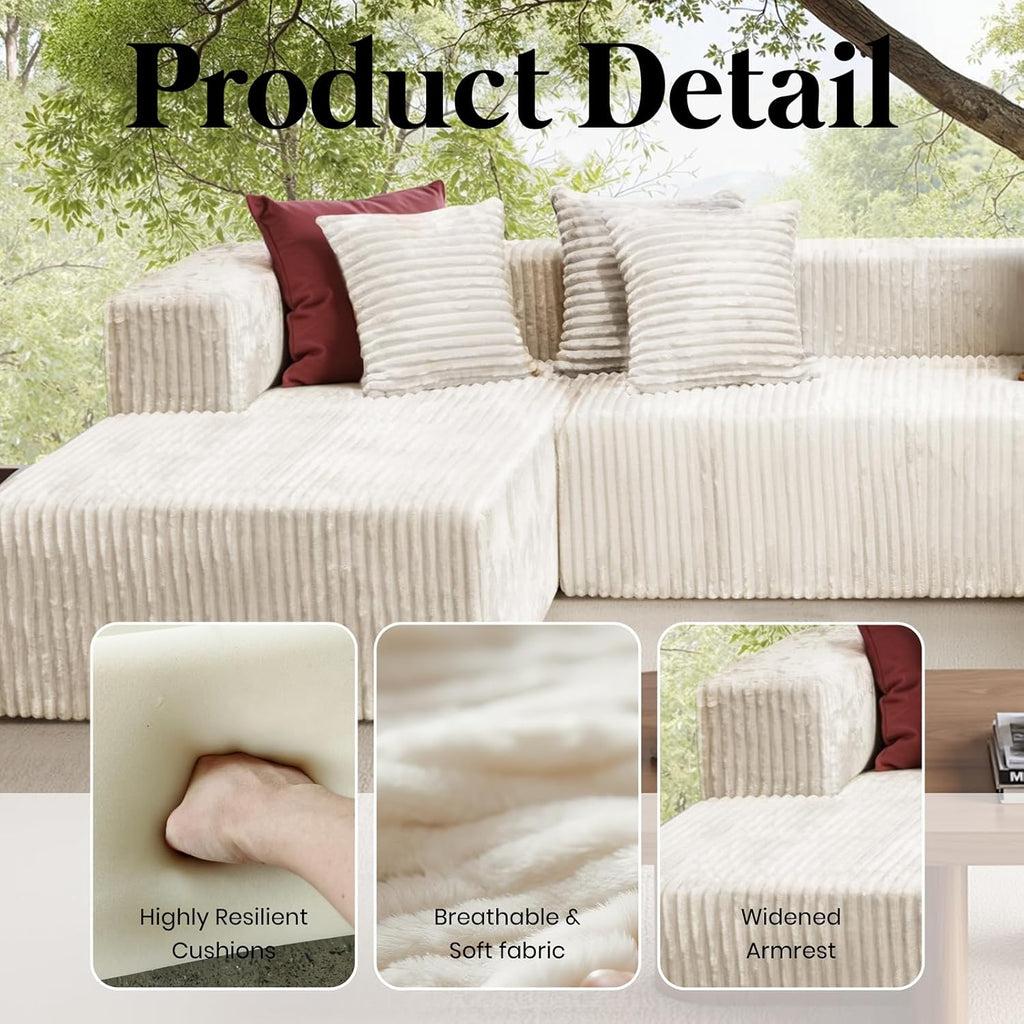 132'' U Shaped Sectional Couches for Living Room, Beige Modular Boneless Cloud Sofa with 2 Chaise Lounges, 4-in-1 Flexible Combination Layered Foam Cushion Deep Seat Corner Couch, No Assembly