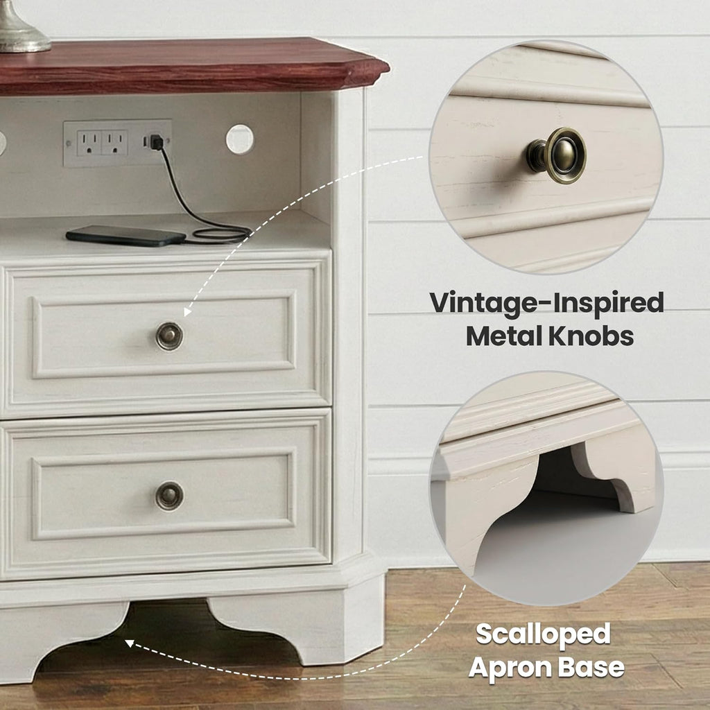 24" White Nightstand with Charging Station, Set of 2 Modern Farmhouse Bedside Table with 2 Drawers and Open Shelf, Traditional Wood End Table with Outlets and USB Ports