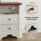 24" White Nightstand with Charging Station, Set of 2 Modern Farmhouse Bedside Table with 2 Drawers and Open Shelf, Traditional Wood End Table with Outlets and USB Ports