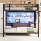 DICTAC Full Over Twin Bunk Bed with Desk and Charging Station Metal Full Over Twin Size Bunk Bed with Led Lights,Storage Shelves and Drawers,Bunk Beds for Teen/Adult with Safety Guard & Stairs,Black