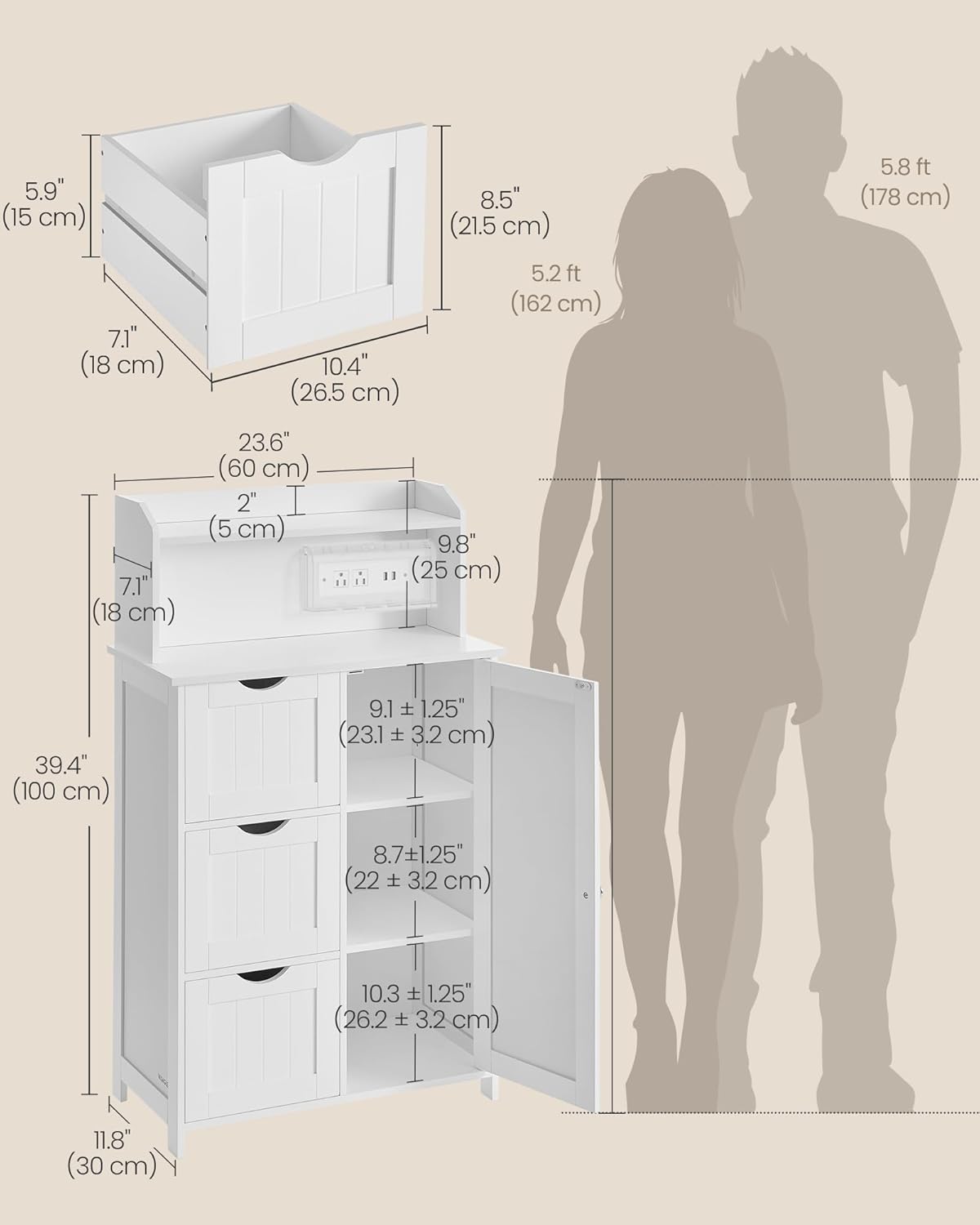 VASAGLE 39.4-Inch Tall Storage Cabinet with Power Strip, Floor Cabinet with Drawers and Door, 2 Adjustable Shelves, Freestanding, for Bathroom, Kitchen, Living Room, Cloud White UBBC775WH01S