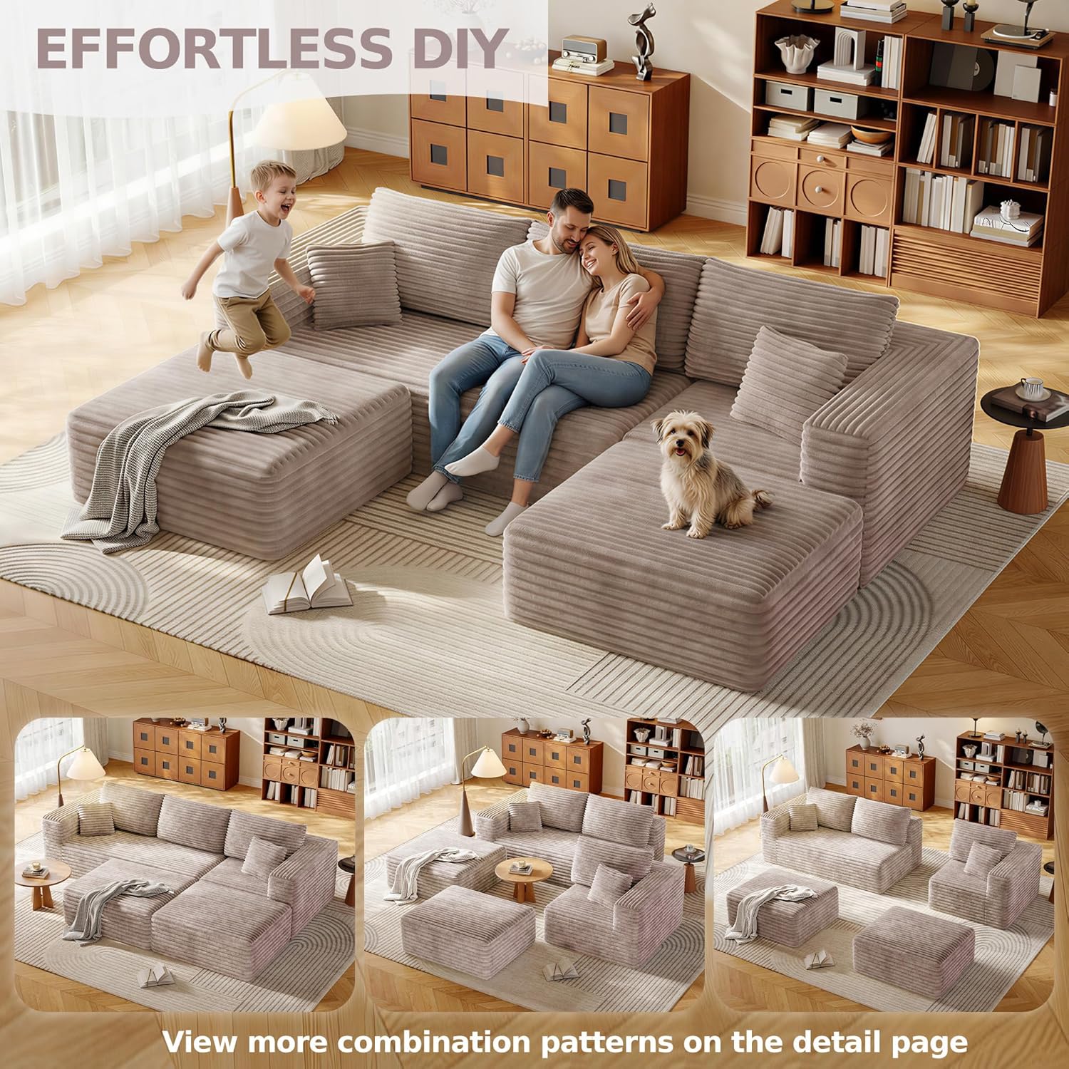 108.2" Modular Sectional Sofa with Deep Seat, Boneless U Shaped Corduroy Couch Modern Comfort, Cloud Couch Oversized for Living Room No Assembly (Camel)