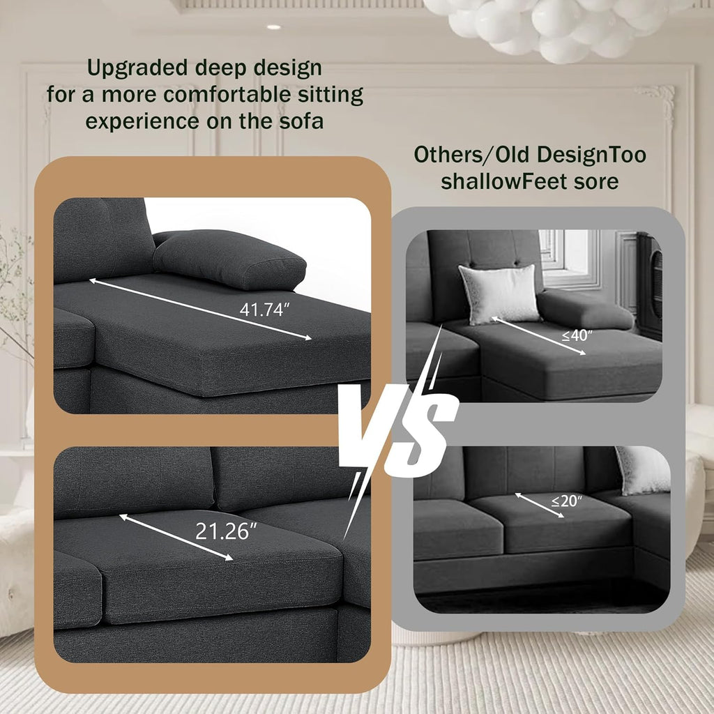 111" Sectional Couch for Living Room, Modern Polyester Fibre U Shaped Sofa Couches with Double Chaise, Upholstered 4 Seater Sofa for Living Room, Apartment, Office, Dark Grey