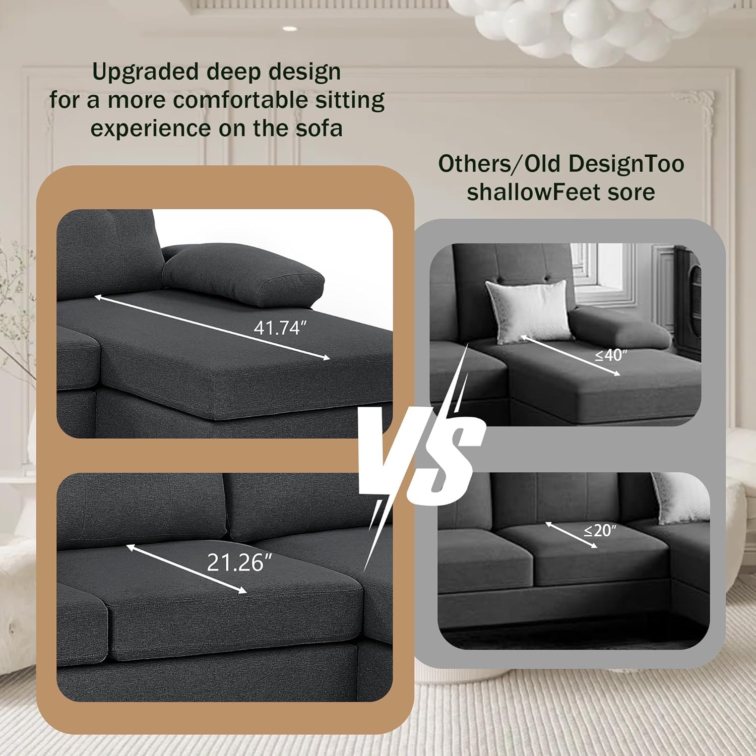 111" Sectional Couch for Living Room, Modern Polyester Fibre U Shaped Sofa Couches with Double Chaise, Upholstered 4 Seater Sofa for Living Room, Apartment, Office, Dark Grey