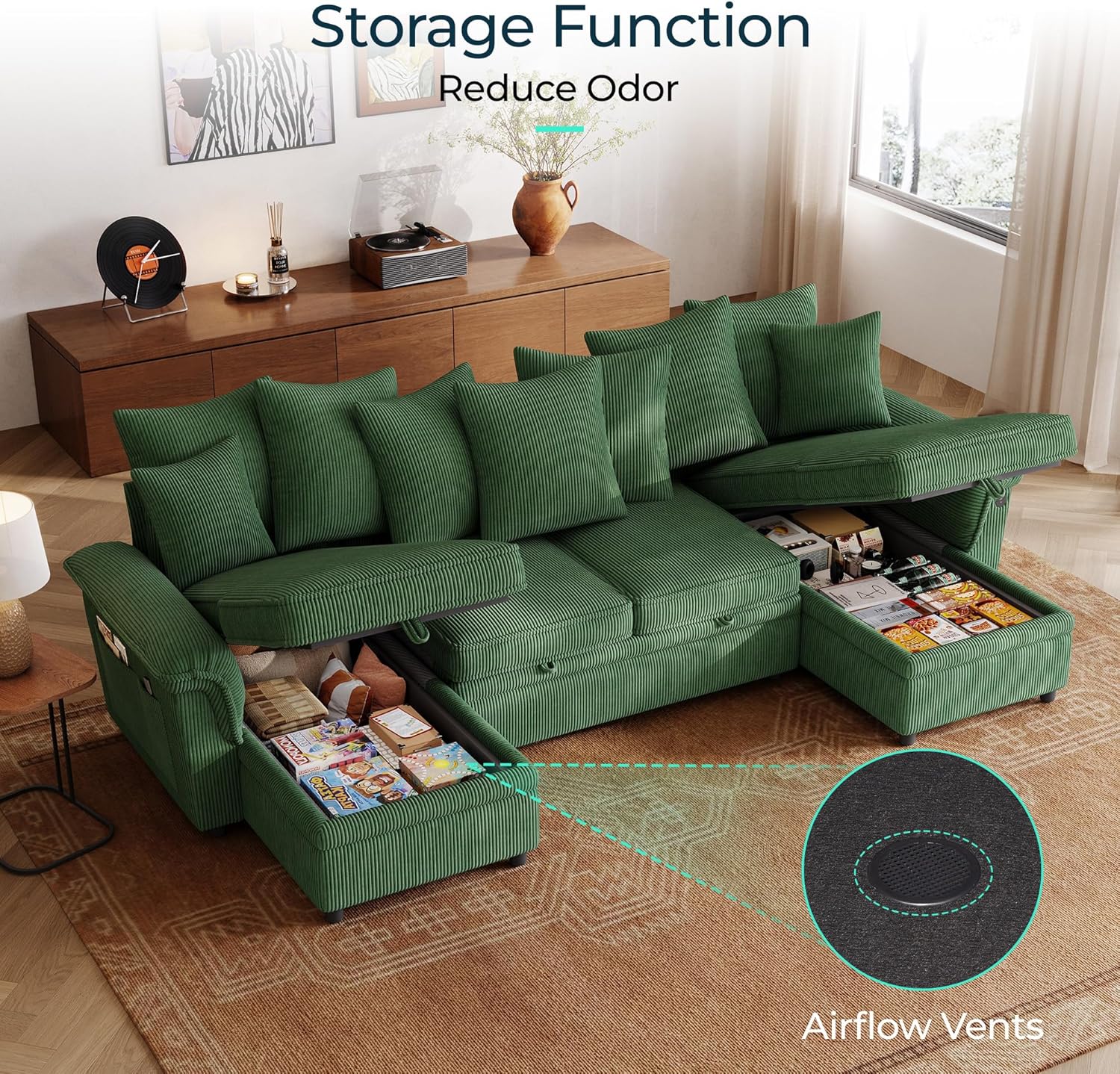 LINSY HOME Oversized Sectional Sleeper Sofa with Pull Out Couch Bed (Green, 118.5'') | USB Charging, Pillow-style Armrest, Multiple Cushions, Storage Chaise, Corduroy Fabric