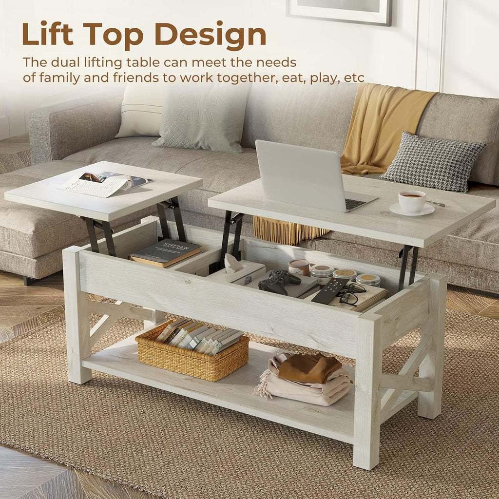 Rolanstar 47.2" Lift Top Coffee Table with Hidden Compartment, 2 Way Lift Top Coffee Table with Open Shelf & X Wooded Support, Farmhouse Center Table for Living Room, Grey