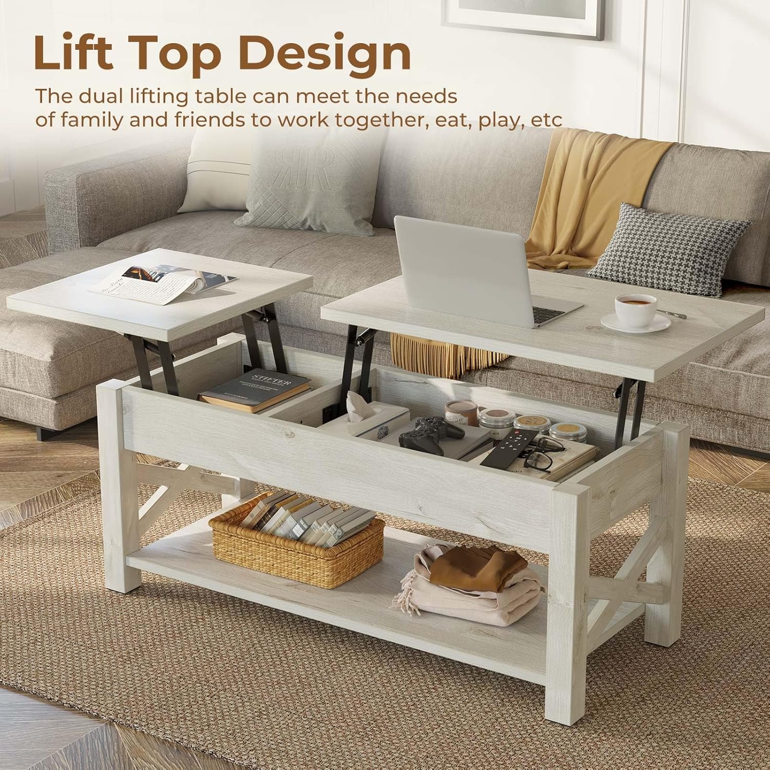 Rolanstar 47.2" Lift Top Coffee Table with Hidden Compartment, 2 Way Lift Top Coffee Table with Open Shelf & X Wooded Support, Farmhouse Center Table for Living Room, Grey