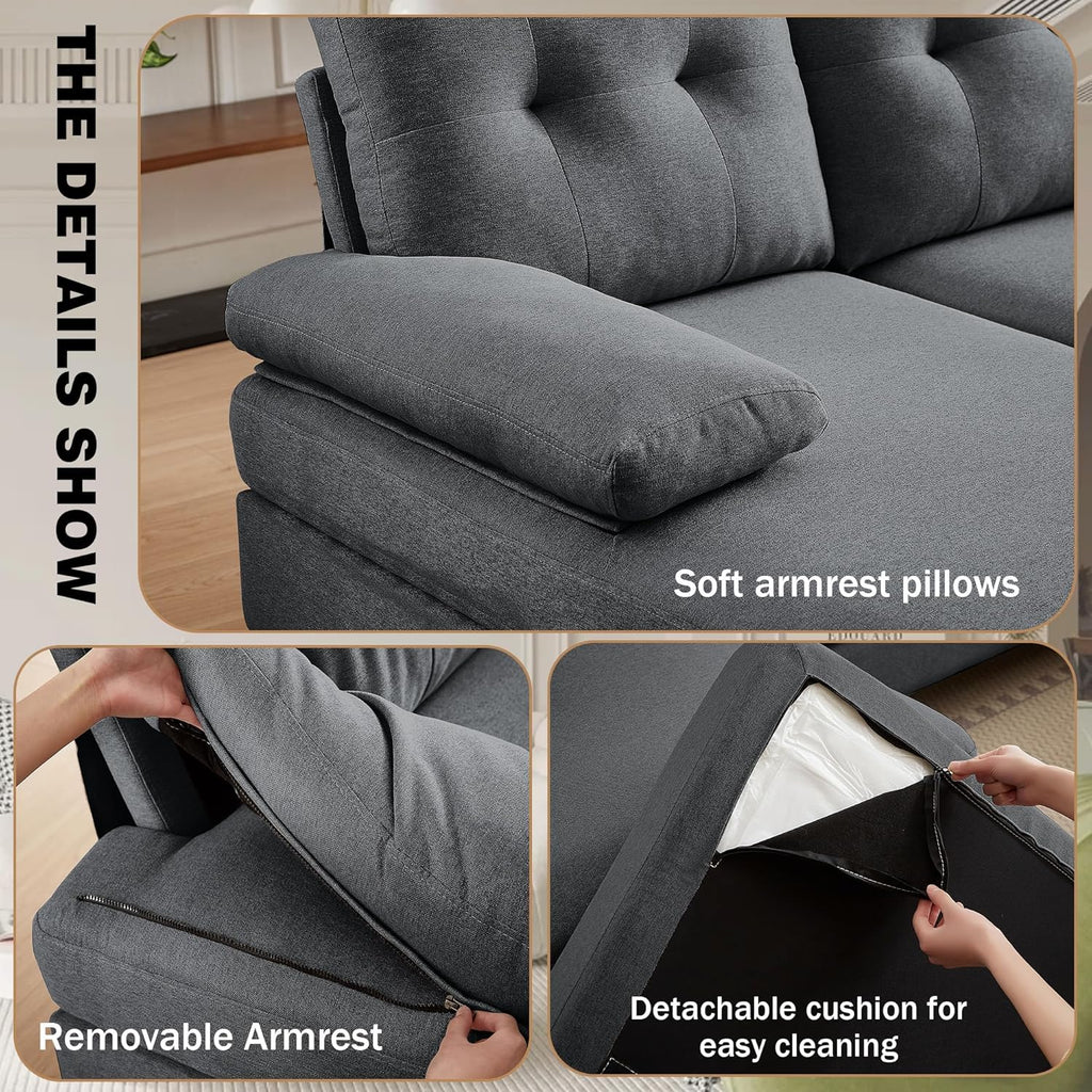 111" Sectional Couch for Living Room, Modern Polyester Fibre U Shaped Sofa Couches with Double Chaise, Upholstered 4 Seater Sofa for Living Room, Apartment, Office, Dark Grey