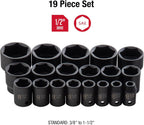 SUNEX TOOLS 2640, 1/2 Inch Drive Impact Socket Set, 19-Piece, SAE, 3/8 Inch – 1-1/2 Inch, Cr-Mo Alloy Steel, Radius Corner Design, Dual Size Markings, Heavy Duty Storage Case, Meets ANSI Standards