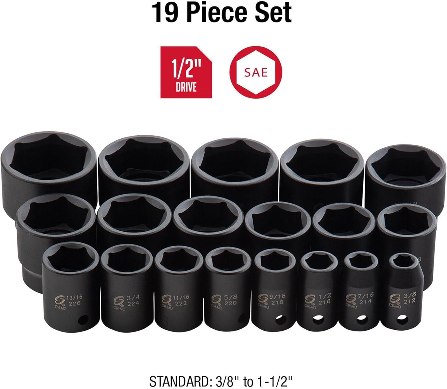 SUNEX TOOLS 2640, 1/2 Inch Drive Impact Socket Set, 19-Piece, SAE, 3/8 Inch – 1-1/2 Inch, Cr-Mo Alloy Steel, Radius Corner Design, Dual Size Markings, Heavy Duty Storage Case, Meets ANSI Standards