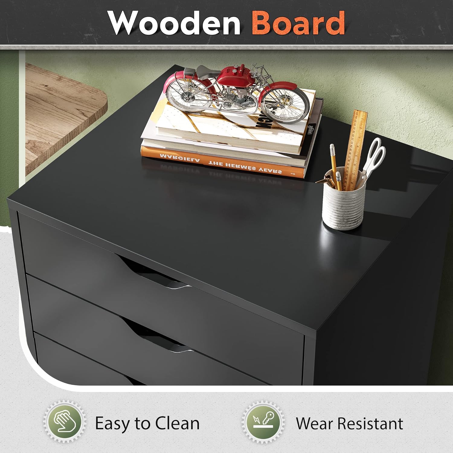 DEVAISE 7-Drawer Office Cabinets, Wood Storage Drawer File Cabinet with Wheels, Black