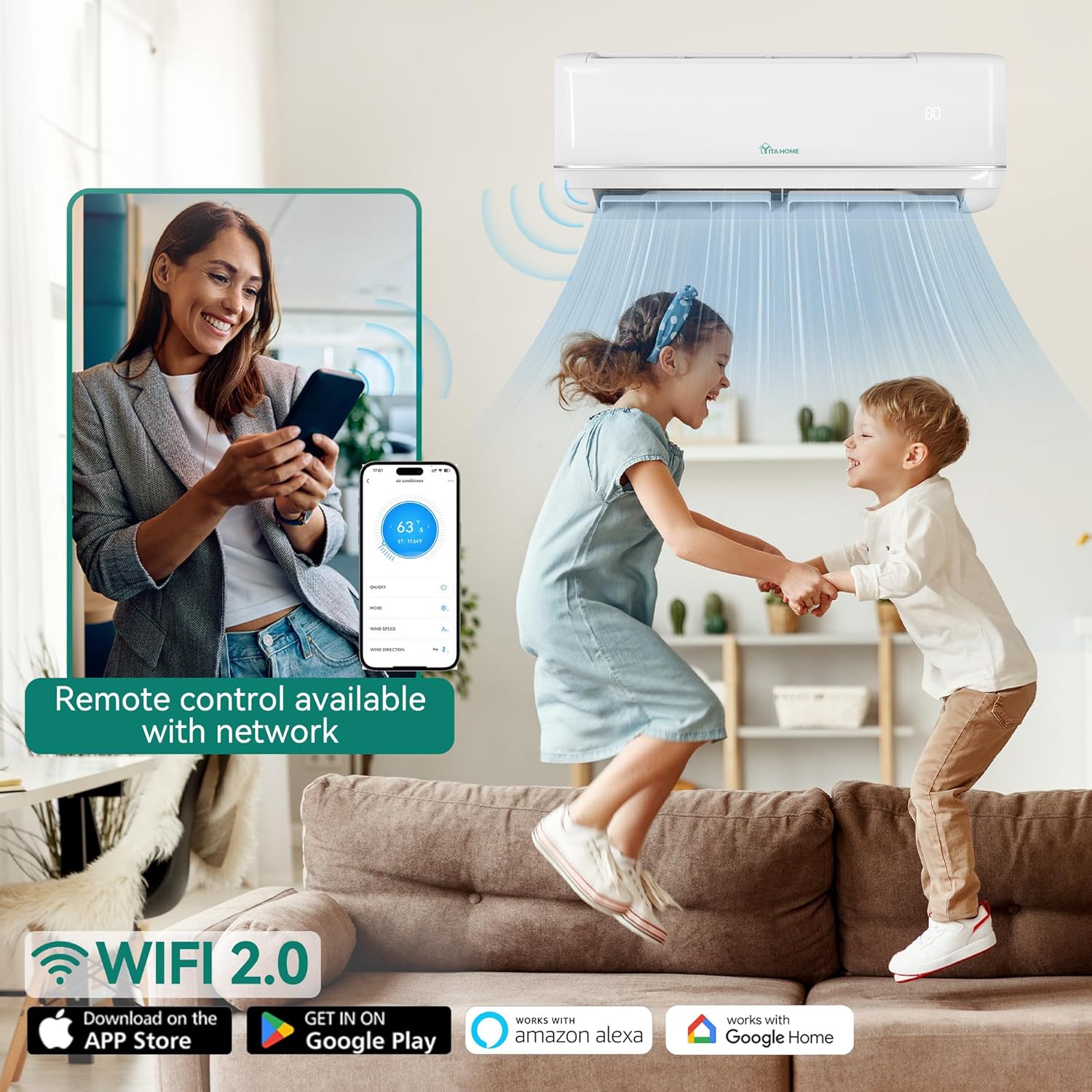 YITAHOME 18000 BTU Mini Split Air Conditioner Heat Pump System, WiFi Enabled 21 SEER2 208-230V Inverter Ductless AC Compatible with Alexa, Cool Up to 1250 Sq. Ft, Complete Installation Kit, 1.5 Ton