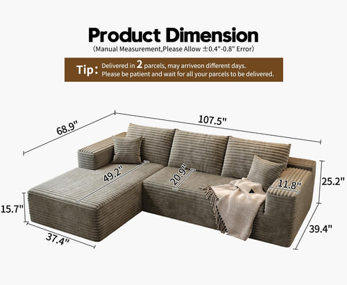 107.5" Cloud Modular Sectional Sofa Couch with L-Shape Chaise,Modern Minimalist Upholstered Couches for Living Room Bedroom,Deep Seat Corner Couch .No Assembly Required (Camel,Left Facing Chaise)