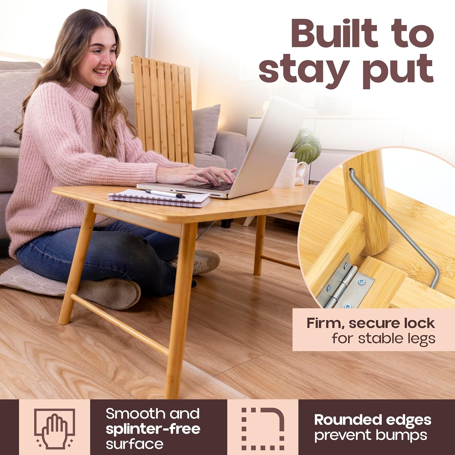 TelTopia Compact Folding Coffee Table – Foldable Collapsible Bamboo Table for Small Living Rooms, Apartments & Dorms – Portable with Removable Shelf & Bag
