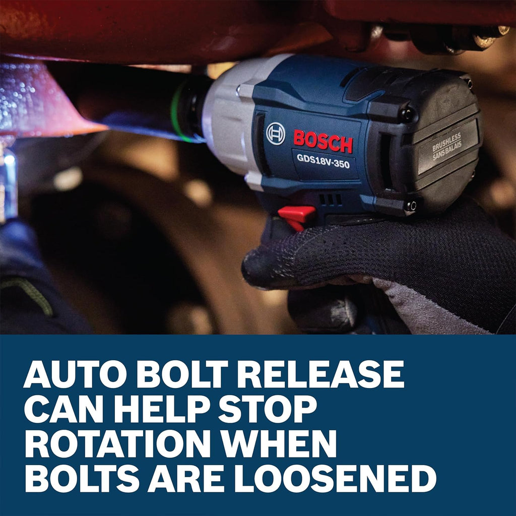 BOSCH GDS18V-350N 18V Brushless ½ In. Mid Torque Impact Wrench - 410 Ft.-Lbs Breakaway Torque, 250 Ft.-Lbs Fastening Torque, Compact Design (Bare Tool)