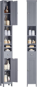 VASAGLE Tall Bathroom Cabinet, Slim Freestanding Bathroom Storage Cabinet with Adjustable Shelves, Drawer, Open Compartments, for Small Spaces, Modern, Dove Gray UBBC765G02
