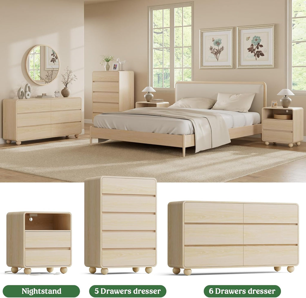Lulive Wood Dresser for Bedroom, 53” Wide Chest of Drawers with 6 Drawers, Modern Closet Storage Drawer with Curved Profile Design for Living Room, Hallway, Entryway, Natural