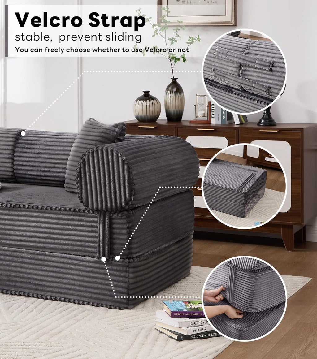 Tbfit Boneless Sofa Bed, Corduroy Compress Couch with Wide Armrests & 2 Pillows, Deep Seat Couches for Living Room, Gray