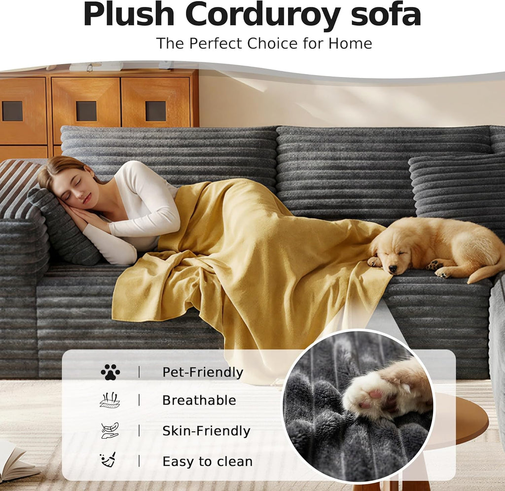 108.2" Modular Sectional Sofa with Deep Seat, Boneless L Shaped Corduroy Couch Modern Comfort, Cloud Couch Oversized for Living Room No Assembly (Right Facing Chaise,Gray)