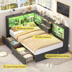 Twin Corner Bed Frame with Storage Bookcase and 4 Drawers, Upholstered Daybed Twin Size with Charging Station & LED Lights, L-Shape Twin Size Bed Frames Metal Platform Bed for Kids Teenagers, Oak Grey