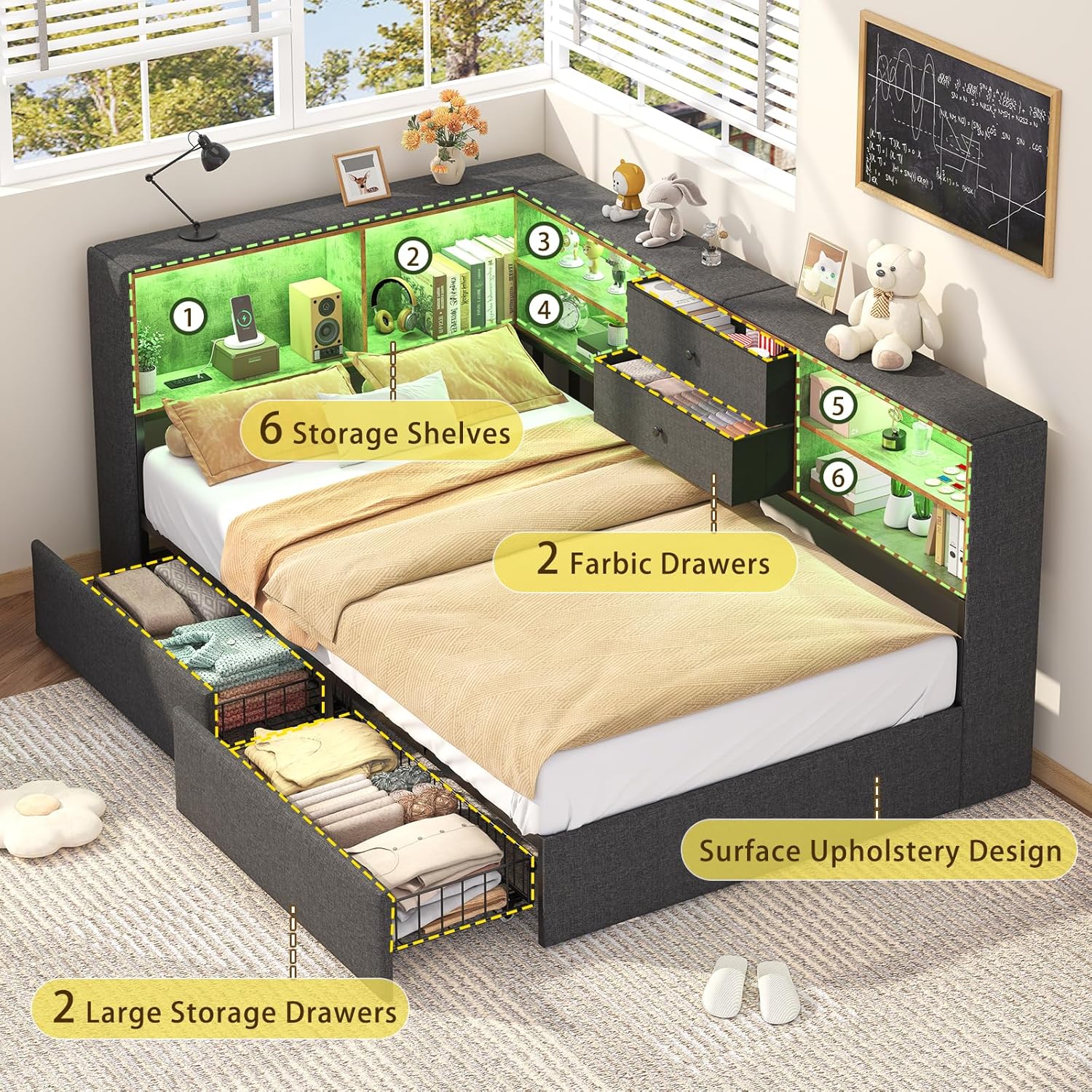 Twin Corner Bed Frame with Storage Bookcase and 4 Drawers, Upholstered Daybed Twin Size with Charging Station & LED Lights, L-Shape Twin Size Bed Frames Metal Platform Bed for Kids Teenagers, Oak Grey