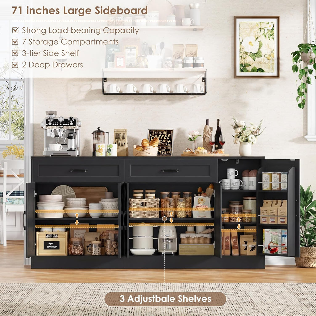 71” Large Sideboard Buffet Cabinet with Storage, Farmhouse Buffet Cabinet with Adjustable Shelves and 3 Door Shelves, Wood Coffee Bar Console Table for Kitchen, Dining Room (Black)