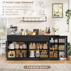 71” Large Sideboard Buffet Cabinet with Storage, Farmhouse Buffet Cabinet with Adjustable Shelves and 3 Door Shelves, Wood Coffee Bar Console Table for Kitchen, Dining Room (Black)