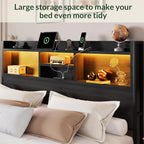 LARMACE King Size Bed Frame with 6 Storage Drawers and Headboard Wooden Platform Bed Frame with LED Lights and Charging Station Easy Assembly/No Box Spring Needed/Black