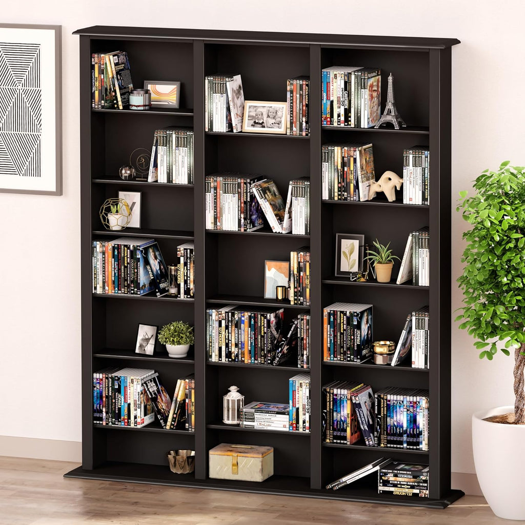 Prepac Barrister 3 Column Tall Storage Cabinet, Black Storage Cabinet with 27 Adjustable Shelves Display DVD for Living Room, 9.5" D x 57" W x 63.75" H