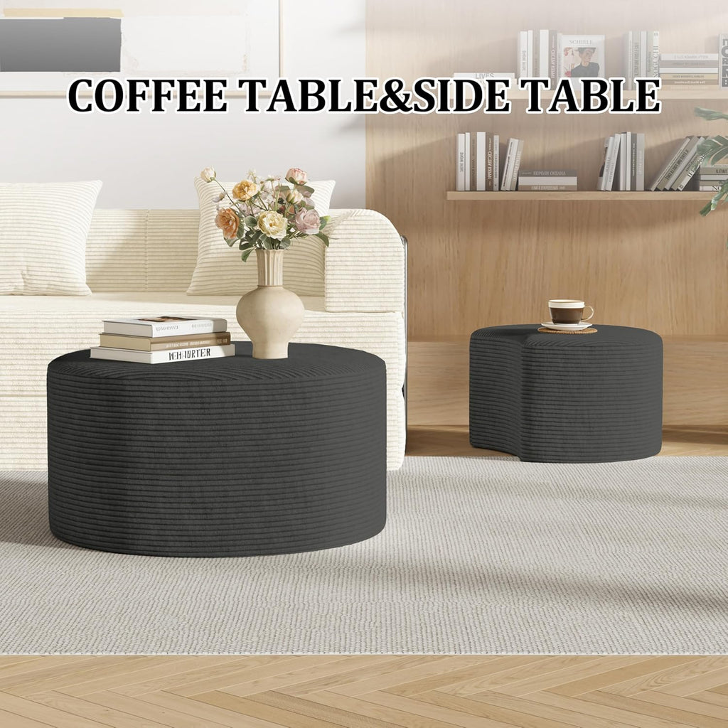 Round Nesting Coffee Table Set of 2,Upholstered Foam Ottoman Footrest Side Table Set,Modern Flannel Circle Coffee Table No Assembly for Living Room Entryway Bedroom,Grey