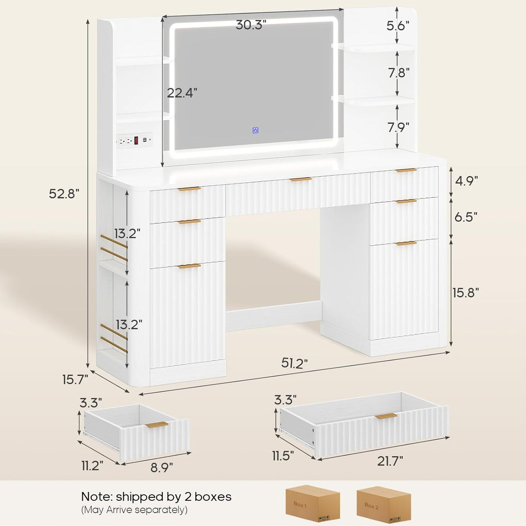 51.2" Fluted Makeup Vanity Desk with Large 30.3" Mirror and Lights, 5 Drawer Vanity with Power Strip, 6 Open Shelves, 2 Cabinet .Modern Dressing Table with Solid Wood Legs for Bedroom, White