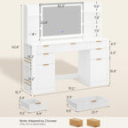 51.2" Fluted Makeup Vanity Desk with Large 30.3" Mirror and Lights, 5 Drawer Vanity with Power Strip, 6 Open Shelves, 2 Cabinet .Modern Dressing Table with Solid Wood Legs for Bedroom, White