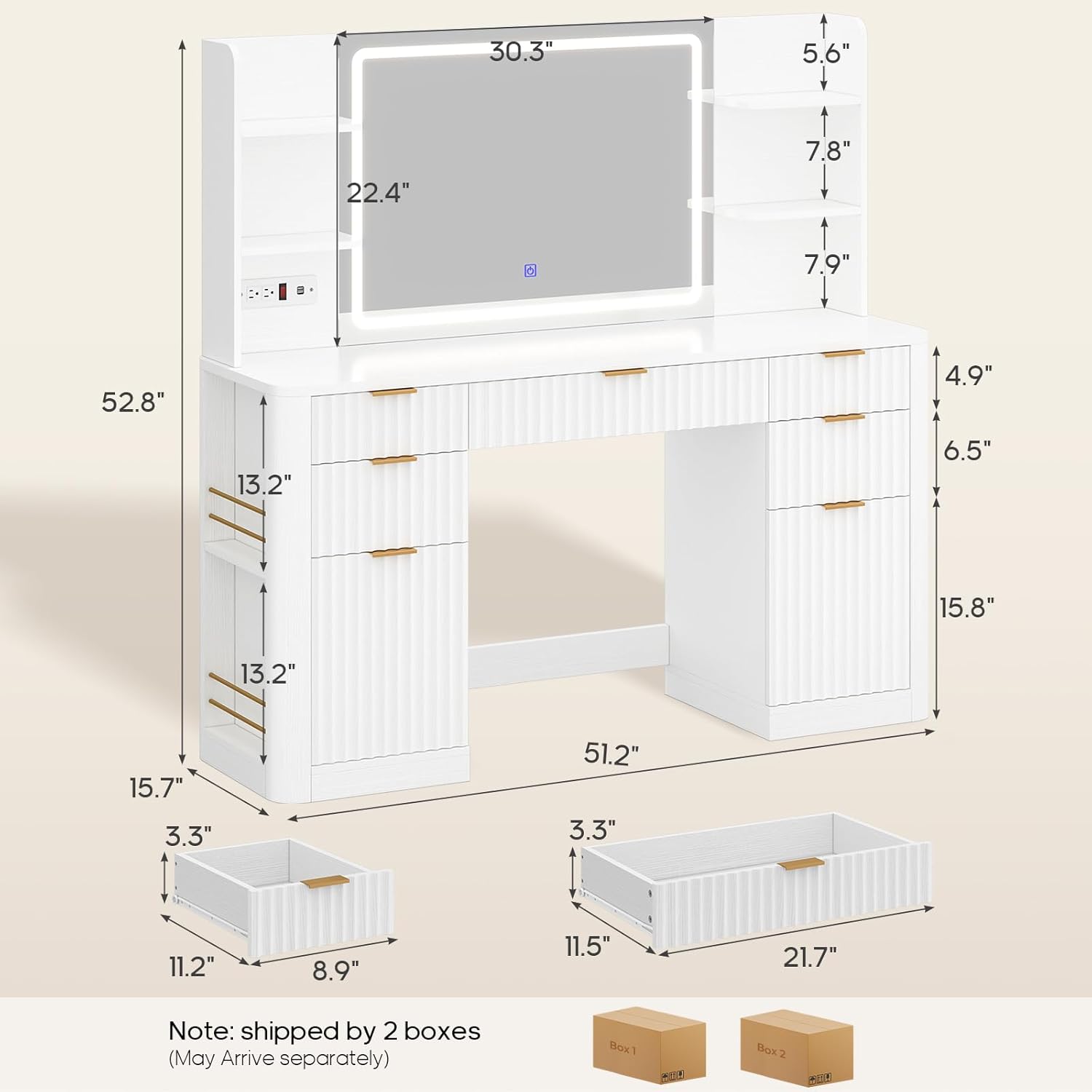 51.2" Fluted Makeup Vanity Desk with Large 30.3" Mirror and Lights, 5 Drawer Vanity with Power Strip, 6 Open Shelves, 2 Cabinet .Modern Dressing Table with Solid Wood Legs for Bedroom, White