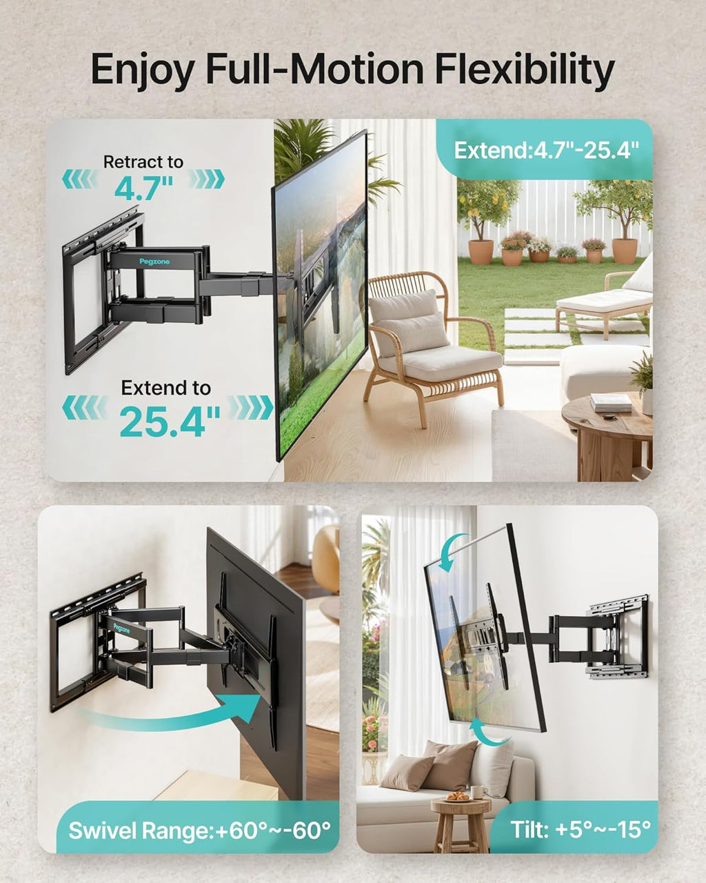 Pegzone Full Motion TV Wall Mount for 37-90 Inch TVs up to 176lbs, 25.4" Extension, Swivel Heavy Duty TV Bracket, Sliding Dual Arms for Off-Center Studs, Fits 16"/ 18" /24" Wood Studs, VESA 600x400