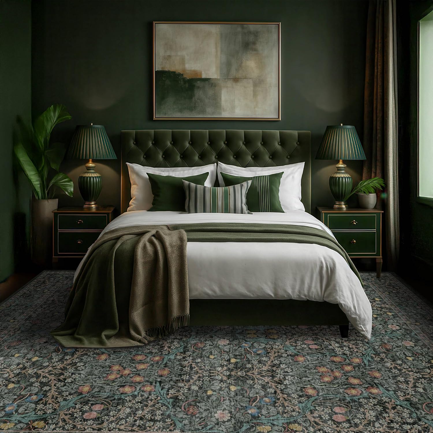 Vintage Washable Dark Green 10x14 Rug for Living Room - Extra Large Area Rug for Dining Room Under Table, Soft Low Pile Carpet for Bedroom - Vintage Floral Design Non-Slip (10x14 Dark Green)