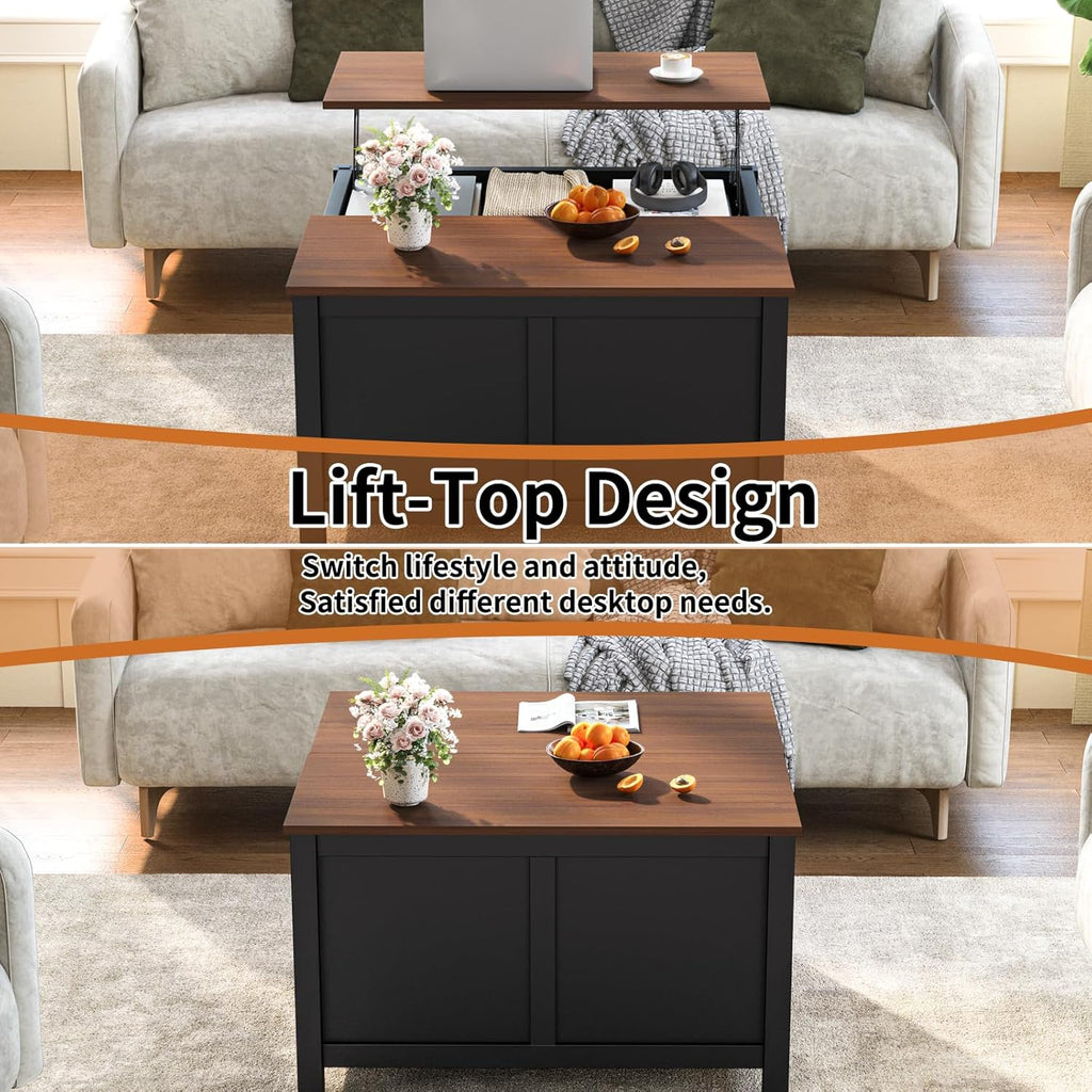 Lift Top Coffee Table with Storage, 31.5" Farmhouse Coffee Tables with Wooden Lift Tabletop and Hidden Compartment Square Center Table for Living Room, Small Space Home Office, Black