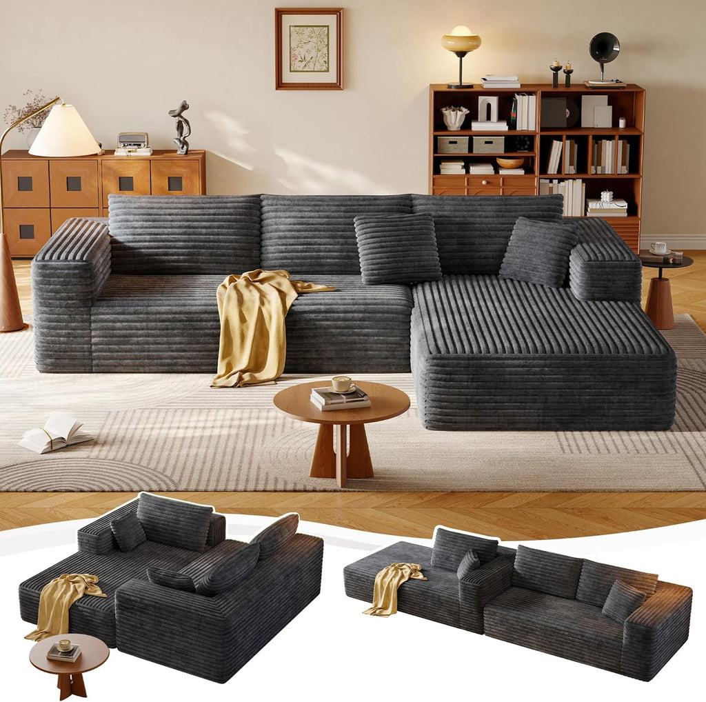 108.2" Modular Sectional Sofa with Deep Seat, Boneless L Shaped Corduroy Couch Modern Comfort, Cloud Couch Oversized for Living Room No Assembly (Right Facing Chaise,Gray)