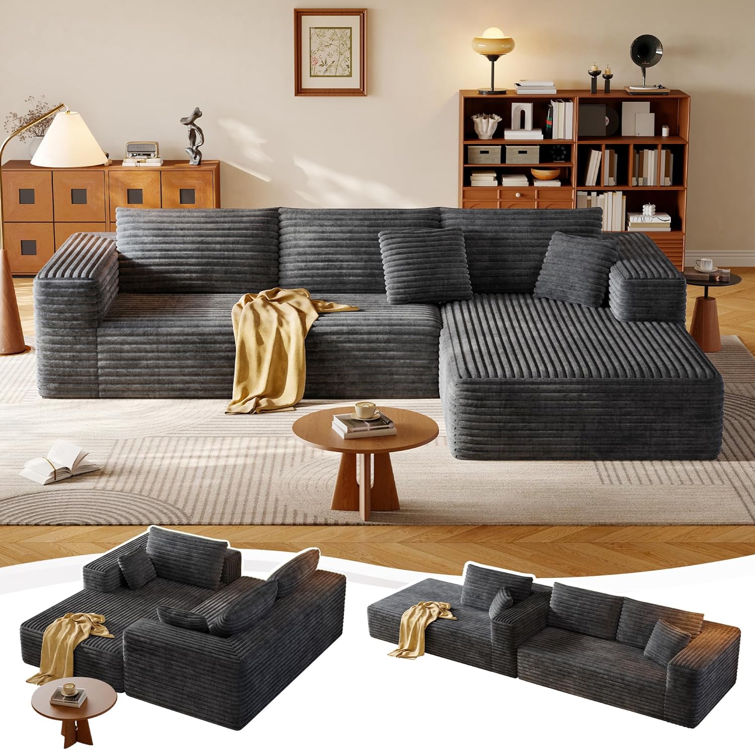 108.2" Modular Sectional Sofa with Deep Seat, Boneless L Shaped Corduroy Couch Modern Comfort, Cloud Couch Oversized for Living Room No Assembly (Right Facing Chaise,Gray)
