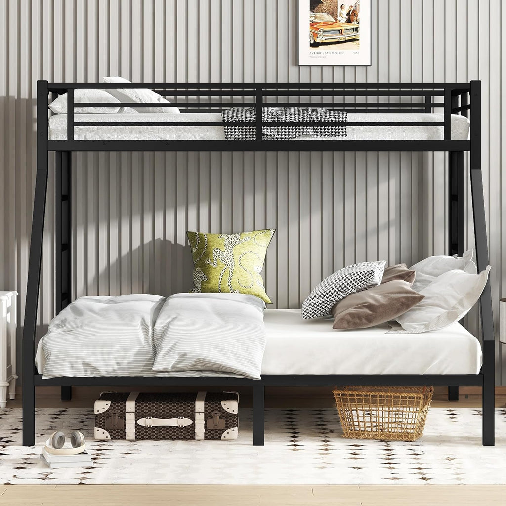 Bellemave Metal Twin XL Over Queen Bunk Bed for Adults/Kids,Heavy Duty Adults Bunk Beds with Guardrail & Ladders,Queen Size Bunk Beds for Teens,Black