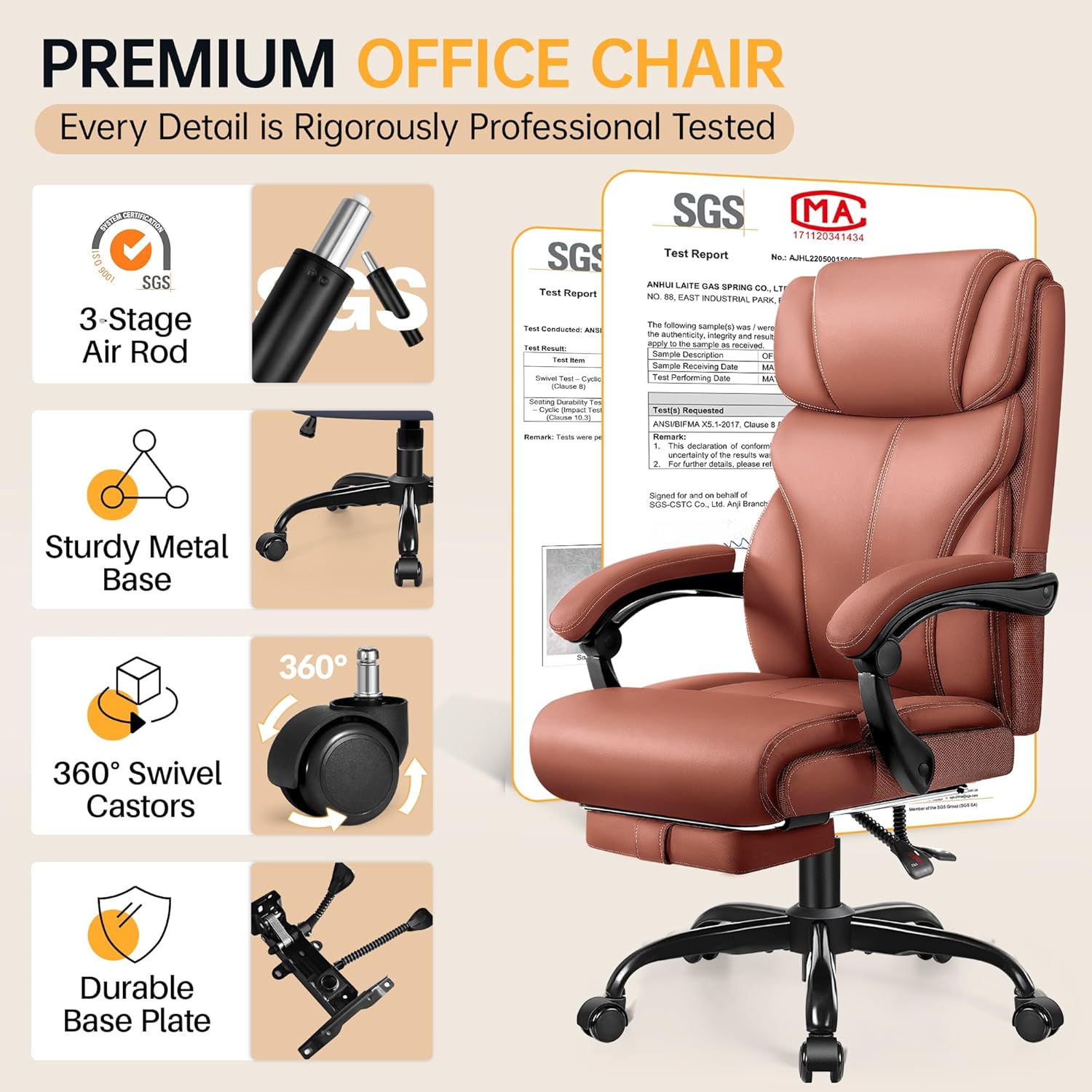 Office Chair, Executive Big and Tall Leather Desk Chairs with Footrest, Ergonomic Breathable Computer Chair with Adjustable High Back, Lumbar Support Swivel PC Chairs with Rocking Function